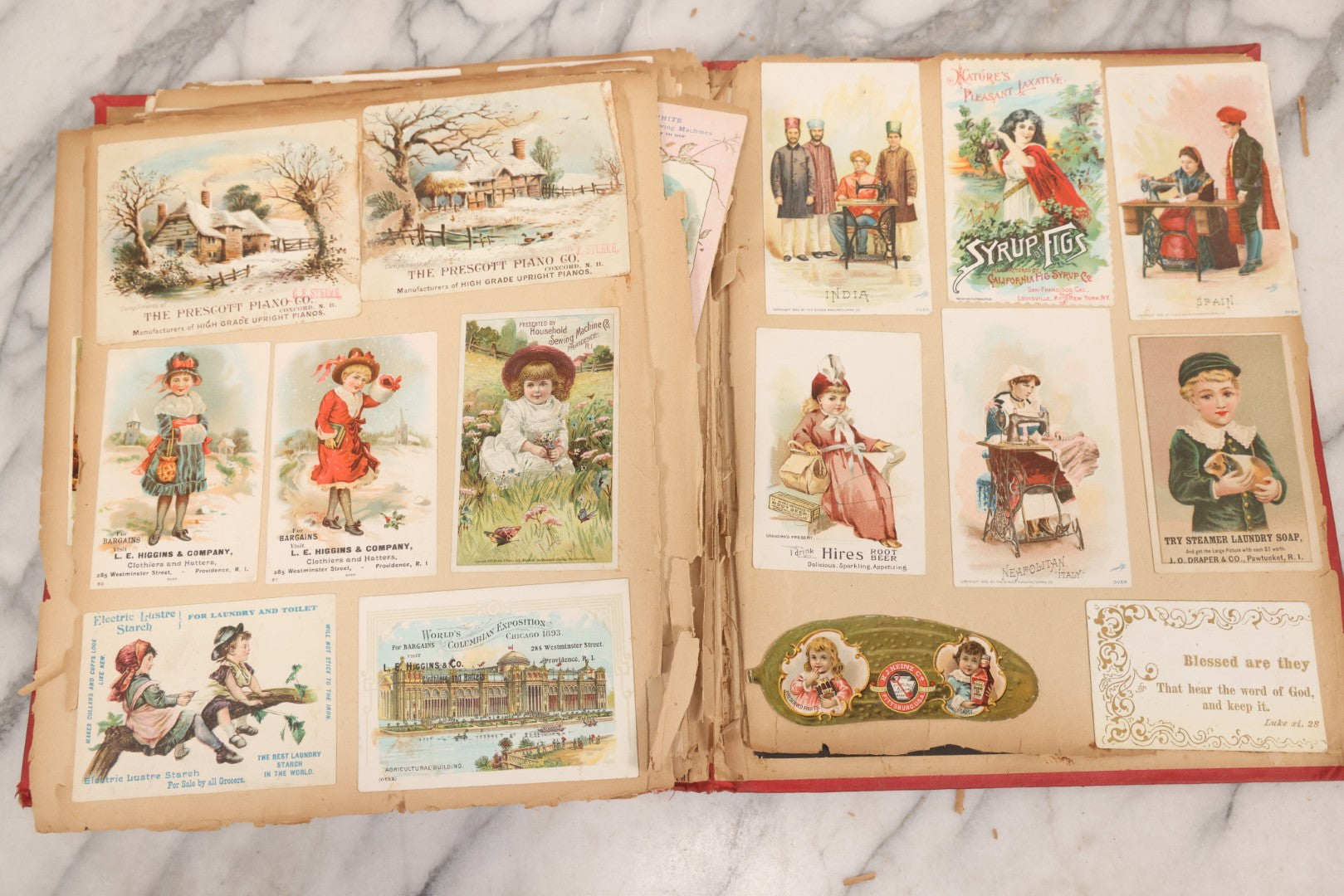 Lot 156 - Antique Victorian Trade Card And Die-Cut Scrapbook With Red Floral Cover, Containing 150+ Pieces, Pages Loose