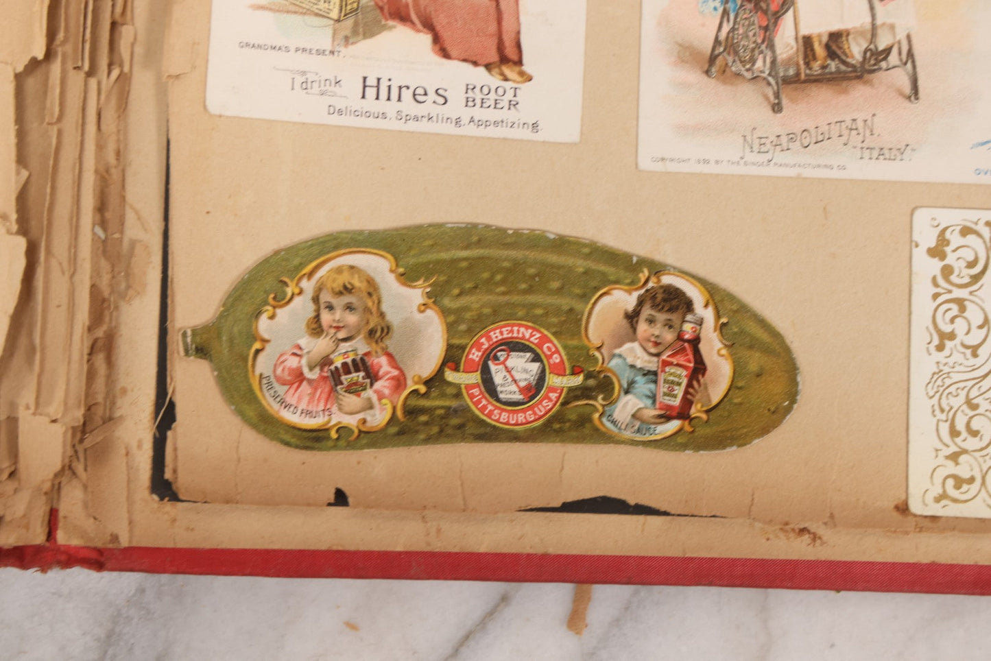 Lot 156 - Antique Victorian Trade Card And Die-Cut Scrapbook With Red Floral Cover, Containing 150+ Pieces, Pages Loose