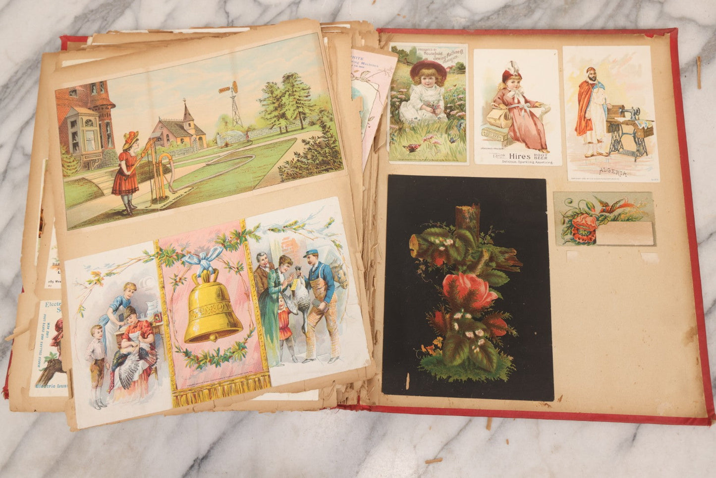 Lot 156 - Antique Victorian Trade Card And Die-Cut Scrapbook With Red Floral Cover, Containing 150+ Pieces, Pages Loose