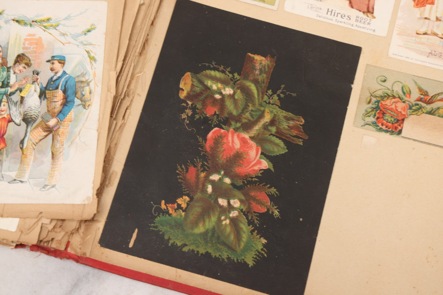 Lot 156 - Antique Victorian Trade Card And Die-Cut Scrapbook With Red Floral Cover, Containing 150+ Pieces, Pages Loose