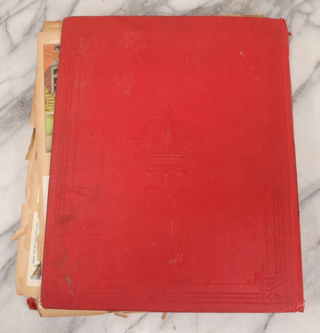 Lot 156 - Antique Victorian Trade Card And Die-Cut Scrapbook With Red Floral Cover, Containing 150+ Pieces, Pages Loose