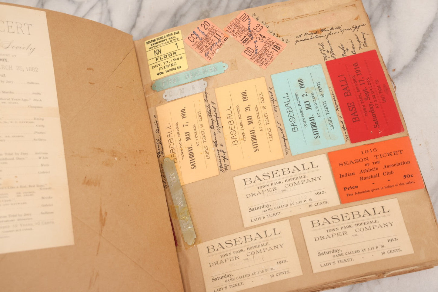 Lot 157 - Vintage “School Days” Scrapbook With Cut-Out Letter Cover, Containing Hundreds Of Pieces Of Massachusetts School Ephemera Including Halloween Invitations, Tickets, Notes, And More, Circa 1910–1940