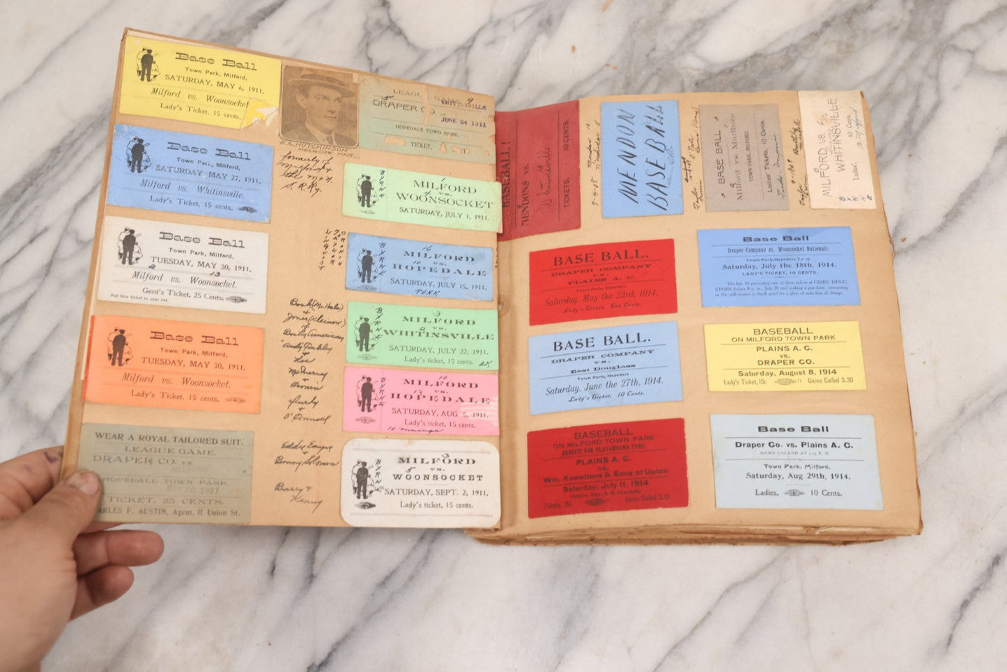 Lot 157 - Vintage “School Days” Scrapbook With Cut-Out Letter Cover, Containing Hundreds Of Pieces Of Massachusetts School Ephemera Including Halloween Invitations, Tickets, Notes, And More, Circa 1910–1940
