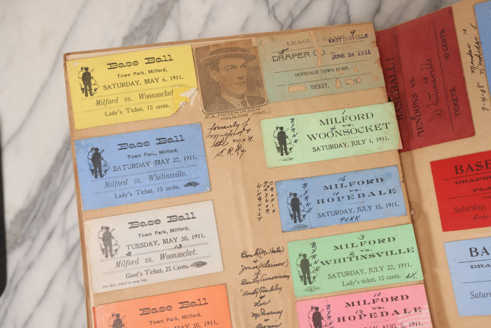 Lot 157 - Vintage “School Days” Scrapbook With Cut-Out Letter Cover, Containing Hundreds Of Pieces Of Massachusetts School Ephemera Including Halloween Invitations, Tickets, Notes, And More, Circa 1910–1940