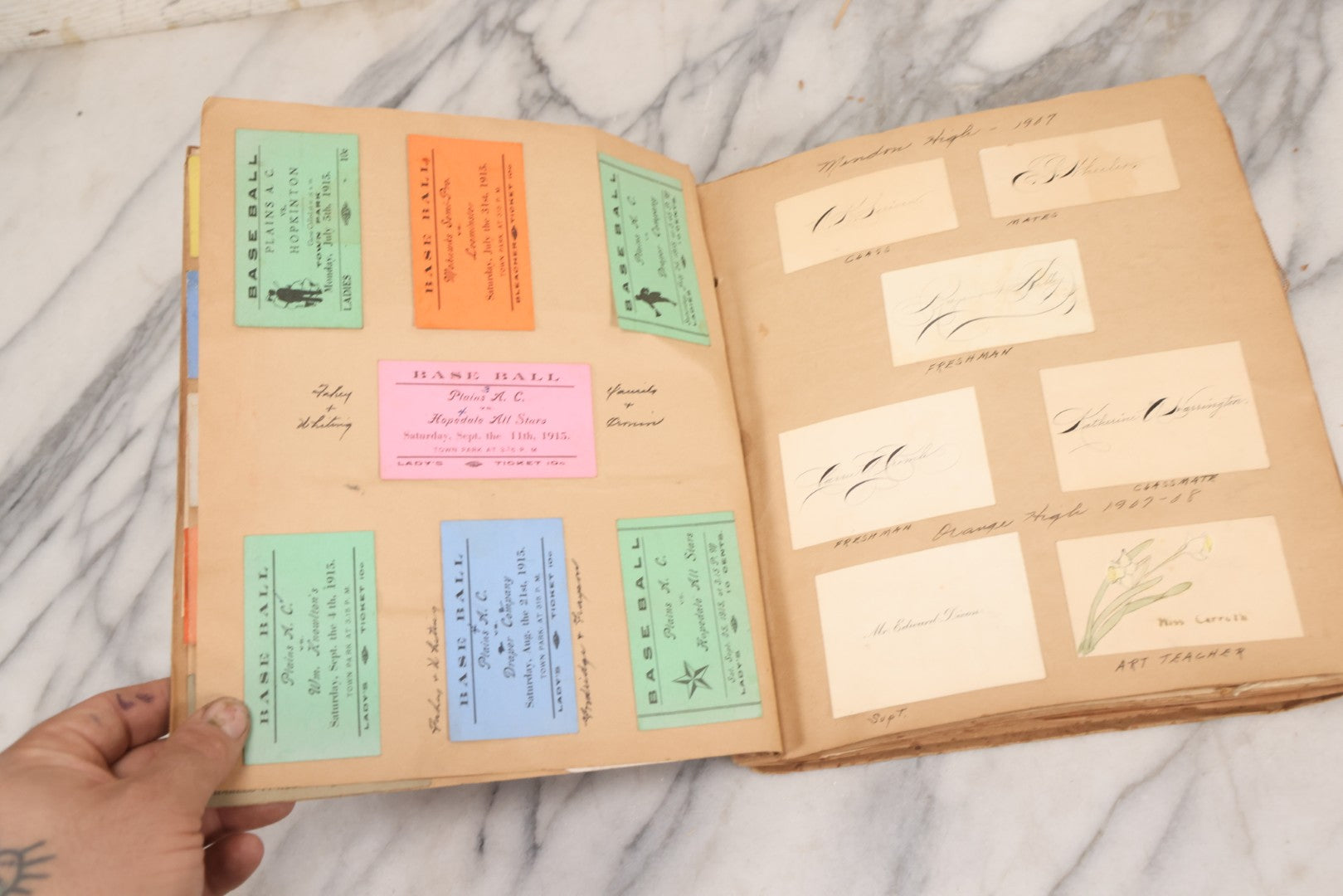 Lot 157 - Vintage “School Days” Scrapbook With Cut-Out Letter Cover, Containing Hundreds Of Pieces Of Massachusetts School Ephemera Including Halloween Invitations, Tickets, Notes, And More, Circa 1910–1940