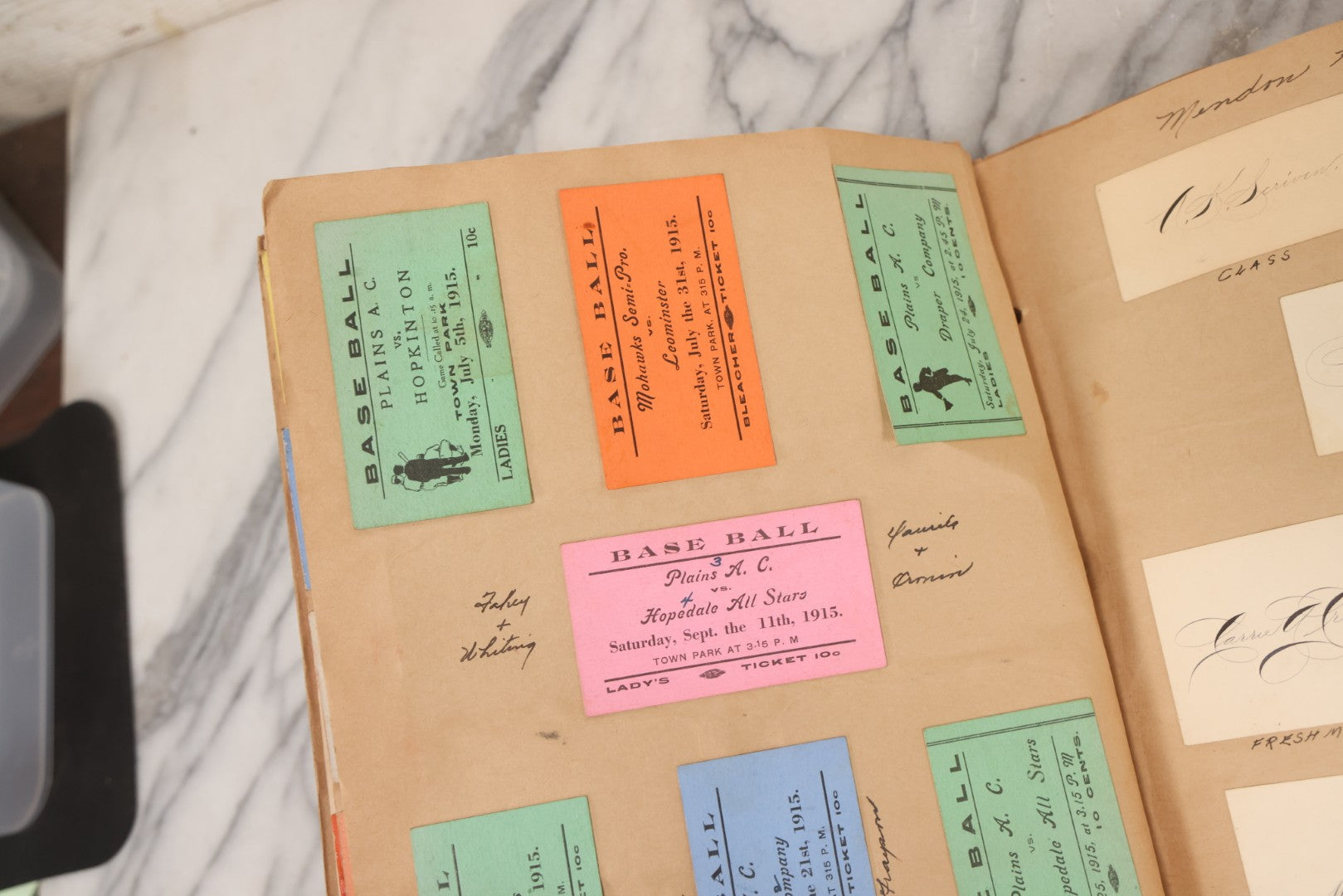 Lot 157 - Vintage “School Days” Scrapbook With Cut-Out Letter Cover, Containing Hundreds Of Pieces Of Massachusetts School Ephemera Including Halloween Invitations, Tickets, Notes, And More, Circa 1910–1940