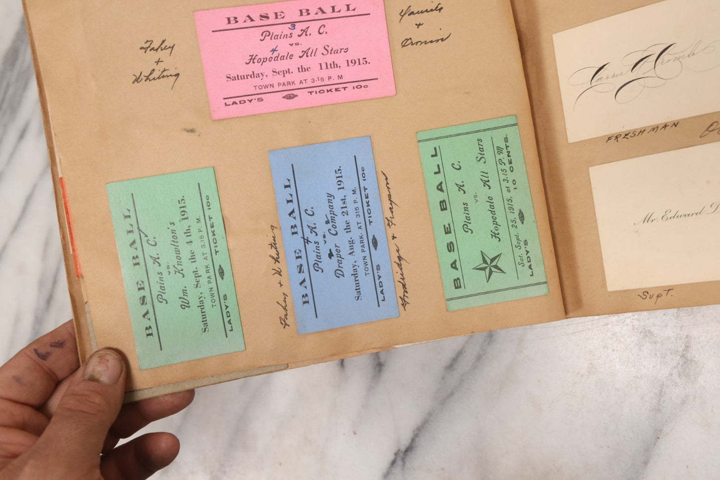 Lot 157 - Vintage “School Days” Scrapbook With Cut-Out Letter Cover, Containing Hundreds Of Pieces Of Massachusetts School Ephemera Including Halloween Invitations, Tickets, Notes, And More, Circa 1910–1940