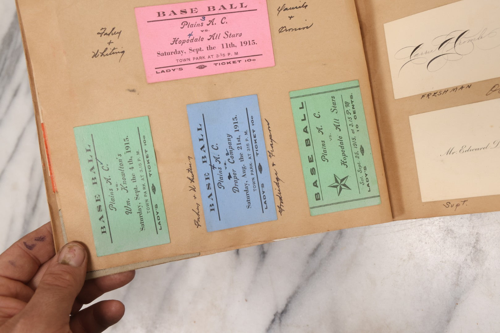 Lot 157 - Vintage “School Days” Scrapbook With Cut-Out Letter Cover, Containing Hundreds Of Pieces Of Massachusetts School Ephemera Including Halloween Invitations, Tickets, Notes, And More, Circa 1910–1940