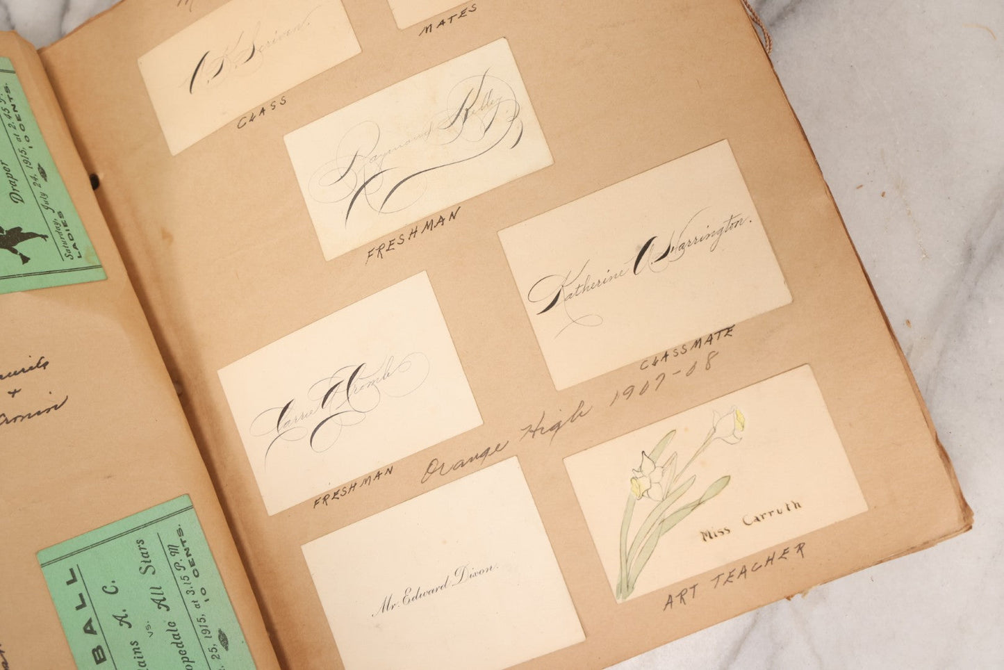 Lot 157 - Vintage “School Days” Scrapbook With Cut-Out Letter Cover, Containing Hundreds Of Pieces Of Massachusetts School Ephemera Including Halloween Invitations, Tickets, Notes, And More, Circa 1910–1940