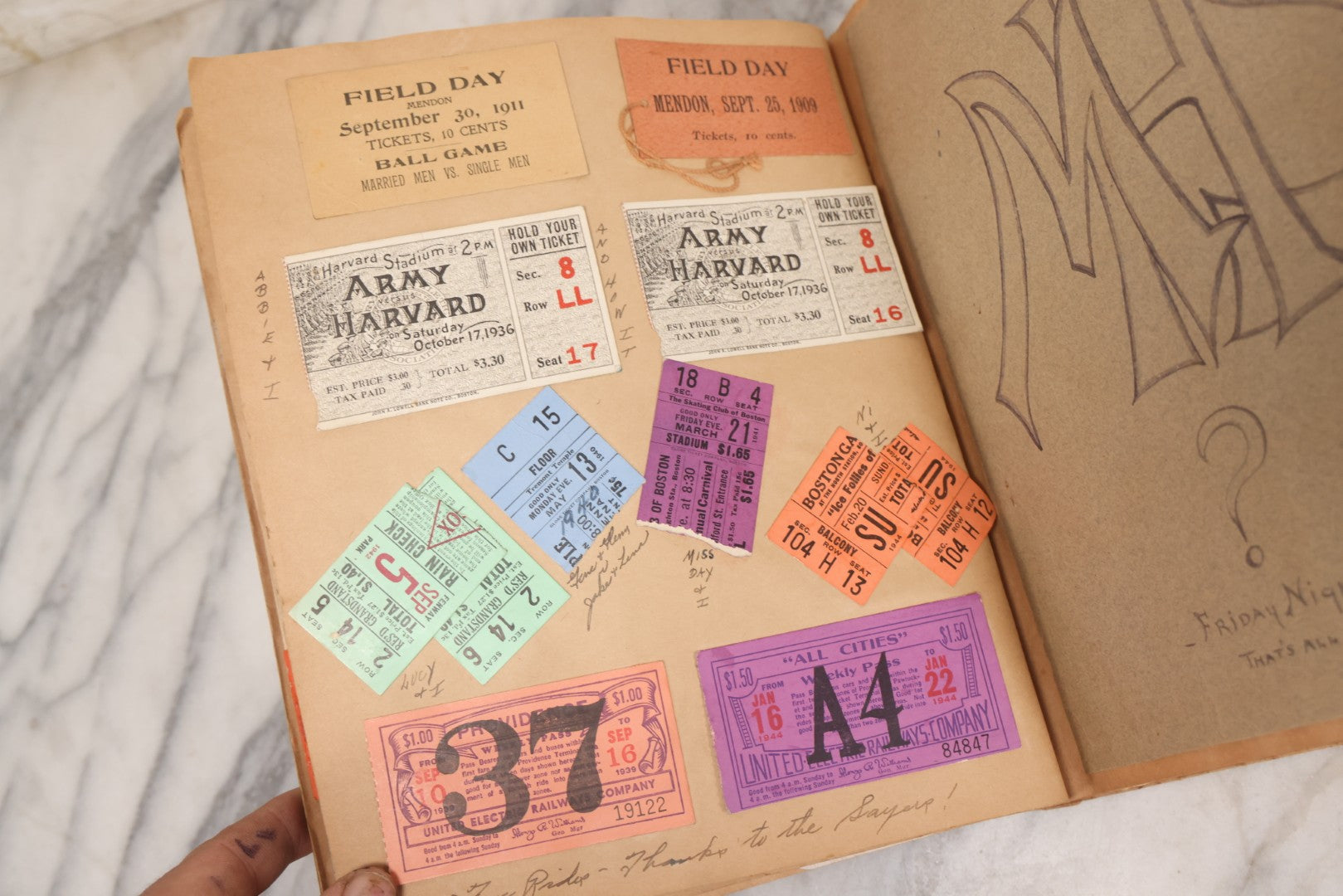 Lot 157 - Vintage “School Days” Scrapbook With Cut-Out Letter Cover, Containing Hundreds Of Pieces Of Massachusetts School Ephemera Including Halloween Invitations, Tickets, Notes, And More, Circa 1910–1940