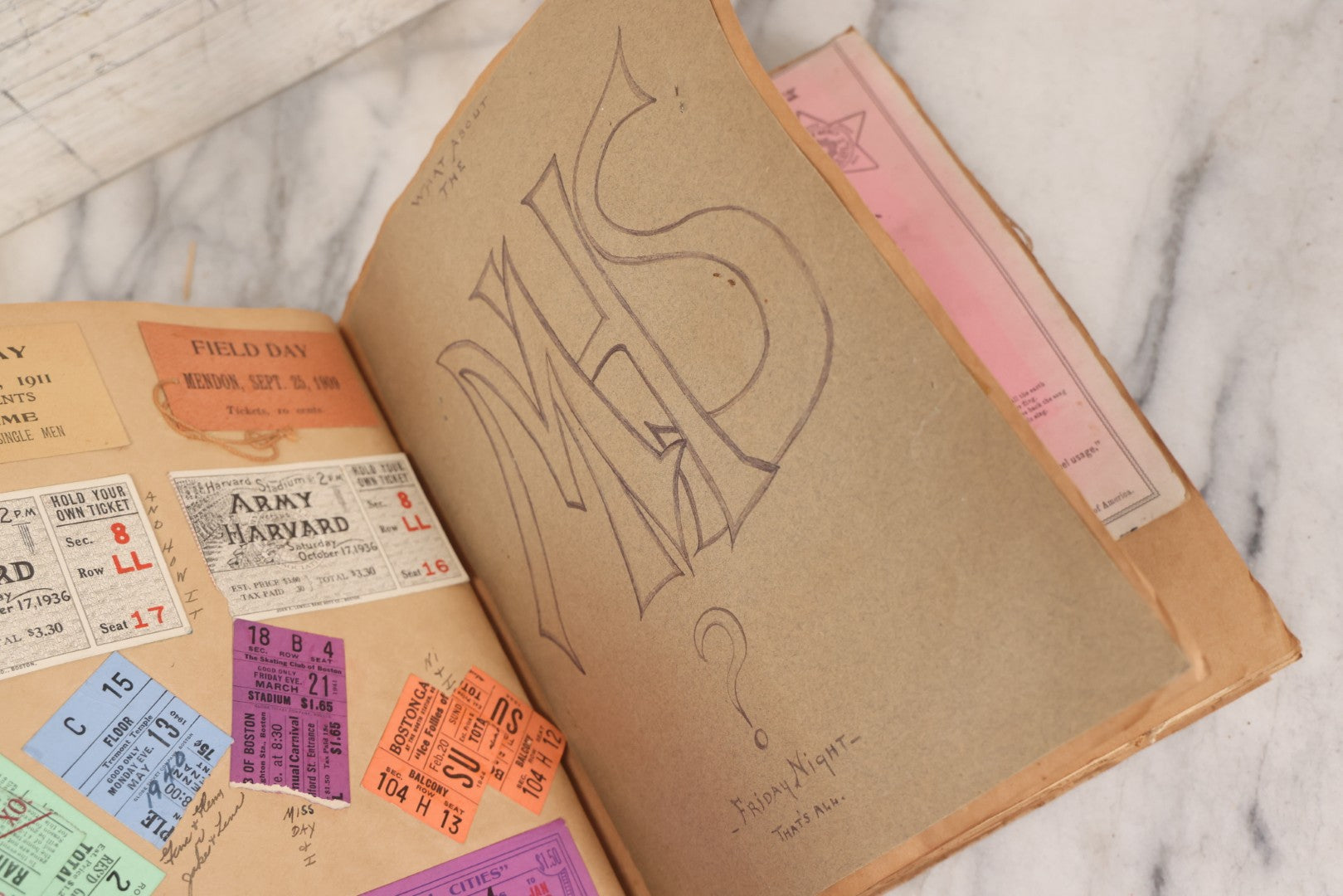 Lot 157 - Vintage “School Days” Scrapbook With Cut-Out Letter Cover, Containing Hundreds Of Pieces Of Massachusetts School Ephemera Including Halloween Invitations, Tickets, Notes, And More, Circa 1910–1940