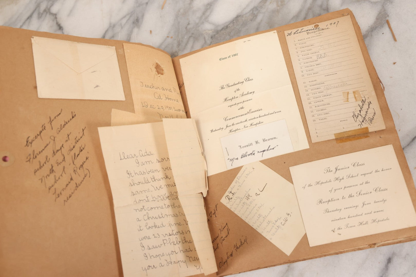 Lot 157 - Vintage “School Days” Scrapbook With Cut-Out Letter Cover, Containing Hundreds Of Pieces Of Massachusetts School Ephemera Including Halloween Invitations, Tickets, Notes, And More, Circa 1910–1940