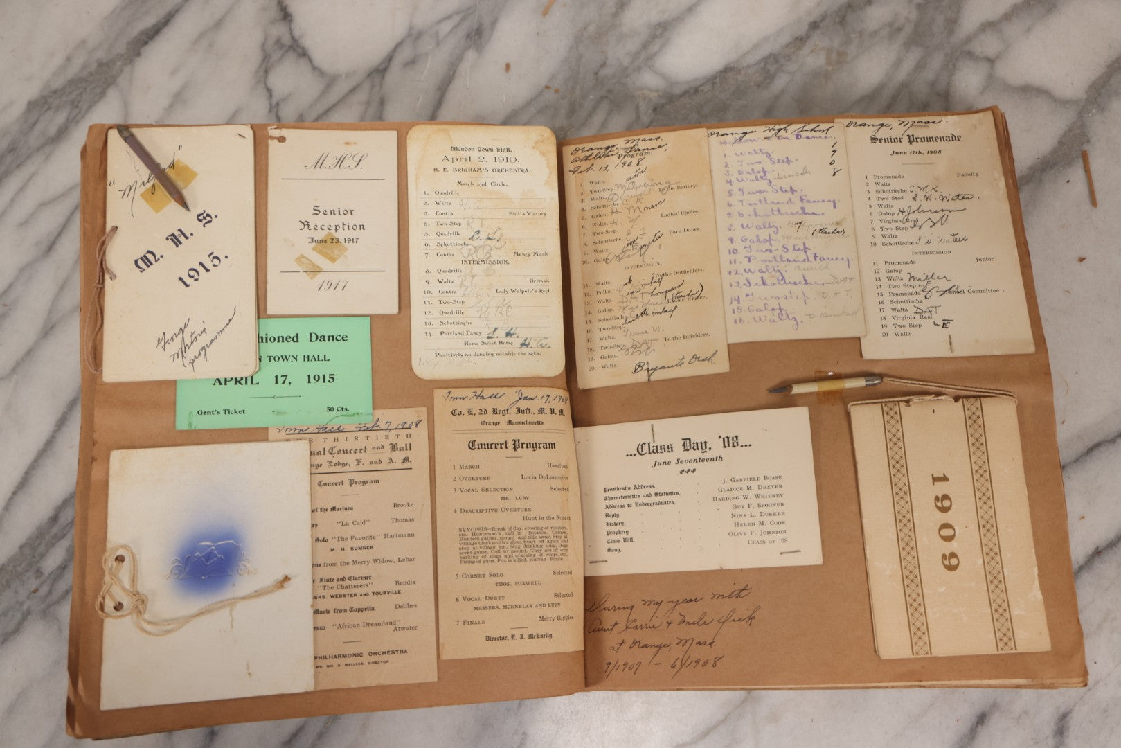 Lot 157 - Vintage “School Days” Scrapbook With Cut-Out Letter Cover, Containing Hundreds Of Pieces Of Massachusetts School Ephemera Including Halloween Invitations, Tickets, Notes, And More, Circa 1910–1940