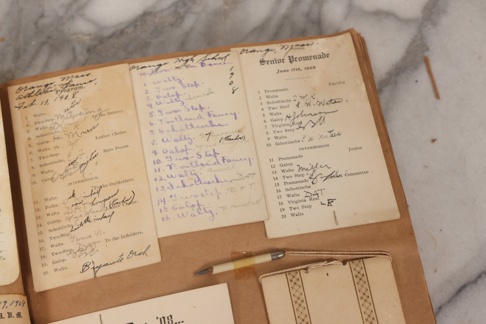 Lot 157 - Vintage “School Days” Scrapbook With Cut-Out Letter Cover, Containing Hundreds Of Pieces Of Massachusetts School Ephemera Including Halloween Invitations, Tickets, Notes, And More, Circa 1910–1940