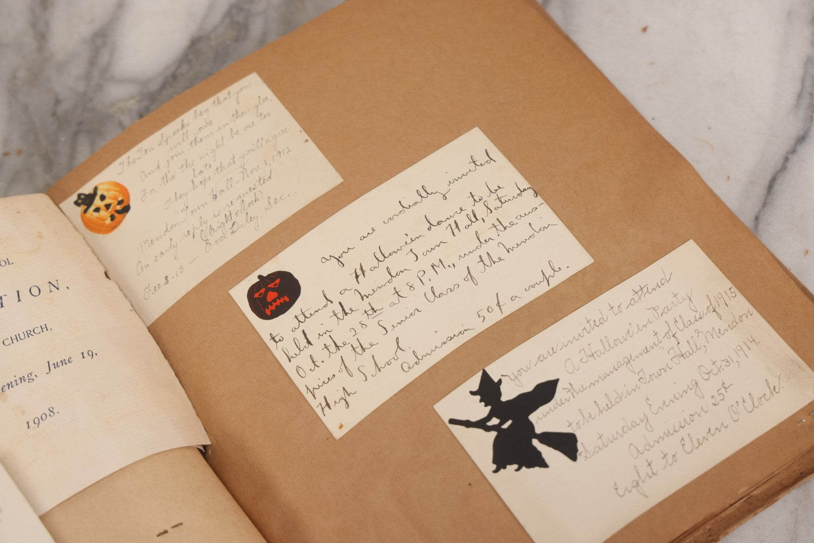 Lot 157 - Vintage “School Days” Scrapbook With Cut-Out Letter Cover, Containing Hundreds Of Pieces Of Massachusetts School Ephemera Including Halloween Invitations, Tickets, Notes, And More, Circa 1910–1940