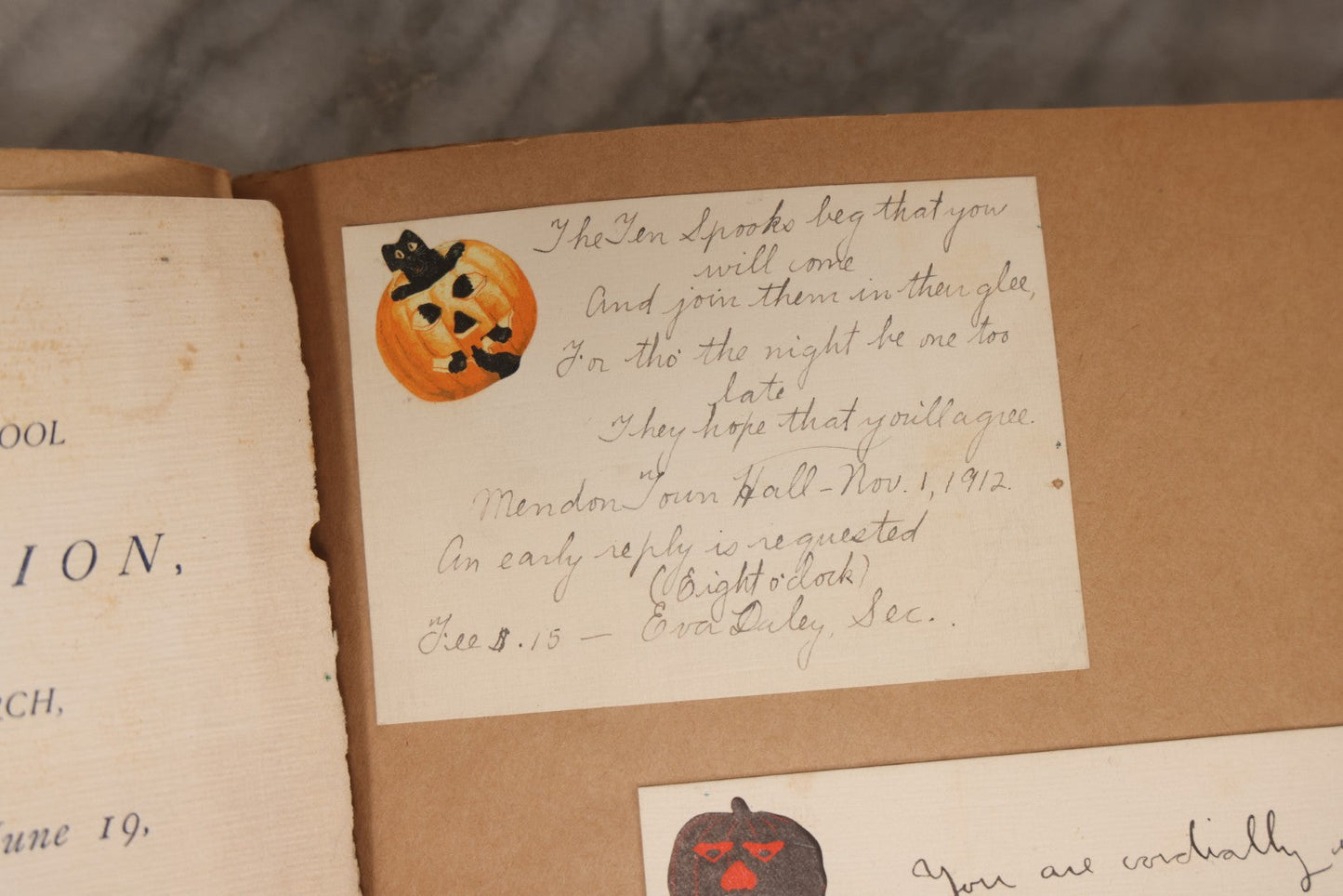 Lot 157 - Vintage “School Days” Scrapbook With Cut-Out Letter Cover, Containing Hundreds Of Pieces Of Massachusetts School Ephemera Including Halloween Invitations, Tickets, Notes, And More, Circa 1910–1940