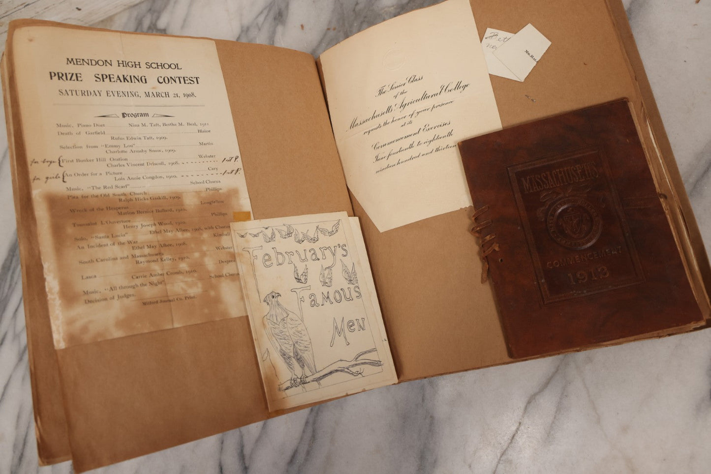 Lot 157 - Vintage “School Days” Scrapbook With Cut-Out Letter Cover, Containing Hundreds Of Pieces Of Massachusetts School Ephemera Including Halloween Invitations, Tickets, Notes, And More, Circa 1910–1940