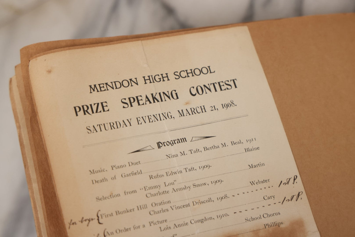 Lot 157 - Vintage “School Days” Scrapbook With Cut-Out Letter Cover, Containing Hundreds Of Pieces Of Massachusetts School Ephemera Including Halloween Invitations, Tickets, Notes, And More, Circa 1910–1940
