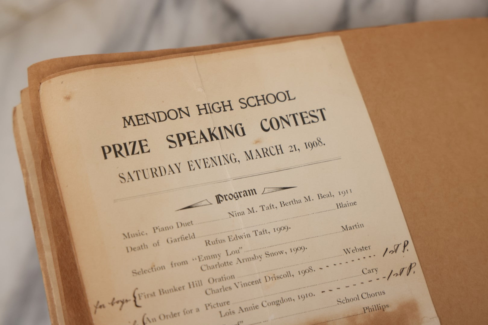 Lot 157 - Vintage “School Days” Scrapbook With Cut-Out Letter Cover, Containing Hundreds Of Pieces Of Massachusetts School Ephemera Including Halloween Invitations, Tickets, Notes, And More, Circa 1910–1940