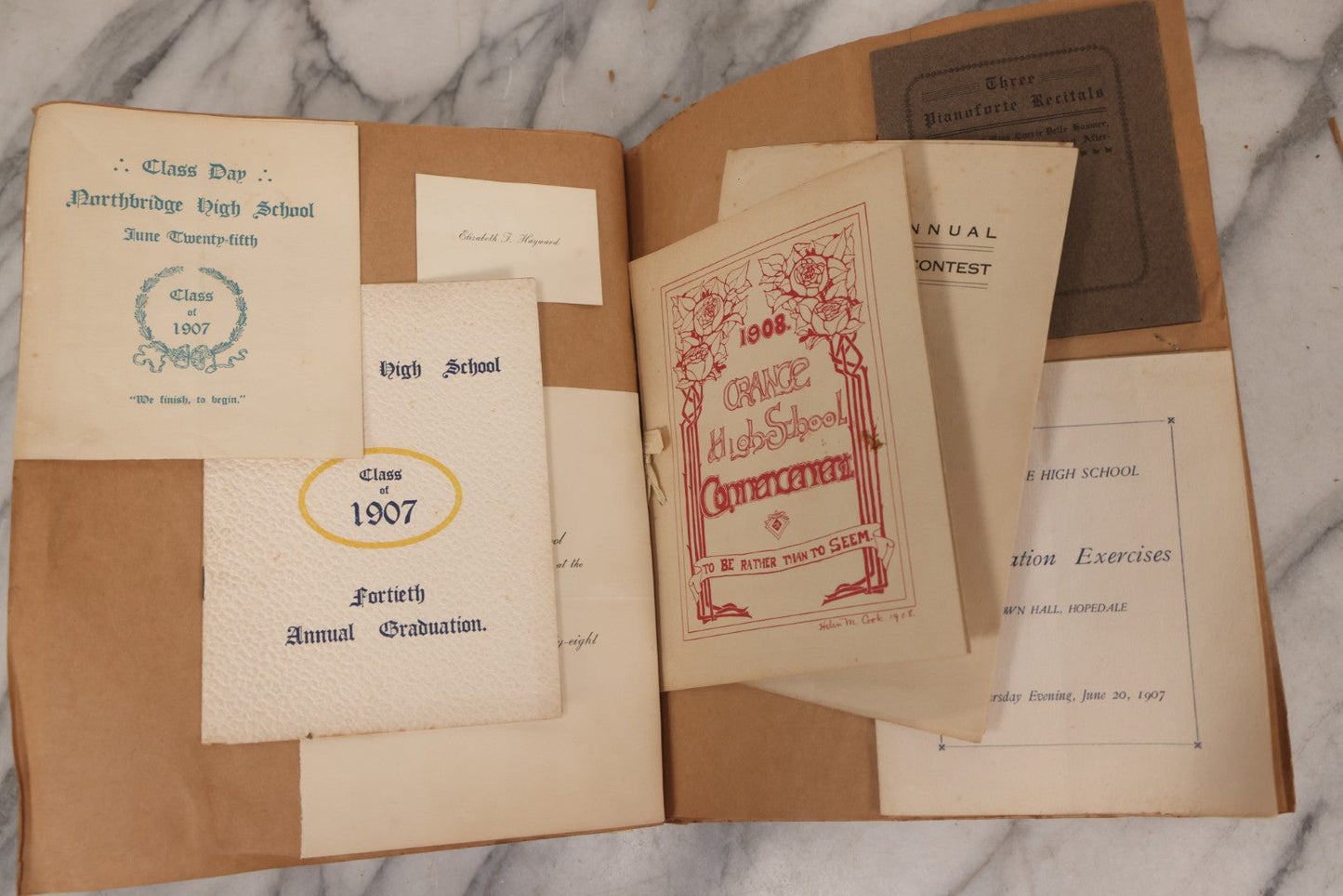 Lot 157 - Vintage “School Days” Scrapbook With Cut-Out Letter Cover, Containing Hundreds Of Pieces Of Massachusetts School Ephemera Including Halloween Invitations, Tickets, Notes, And More, Circa 1910–1940