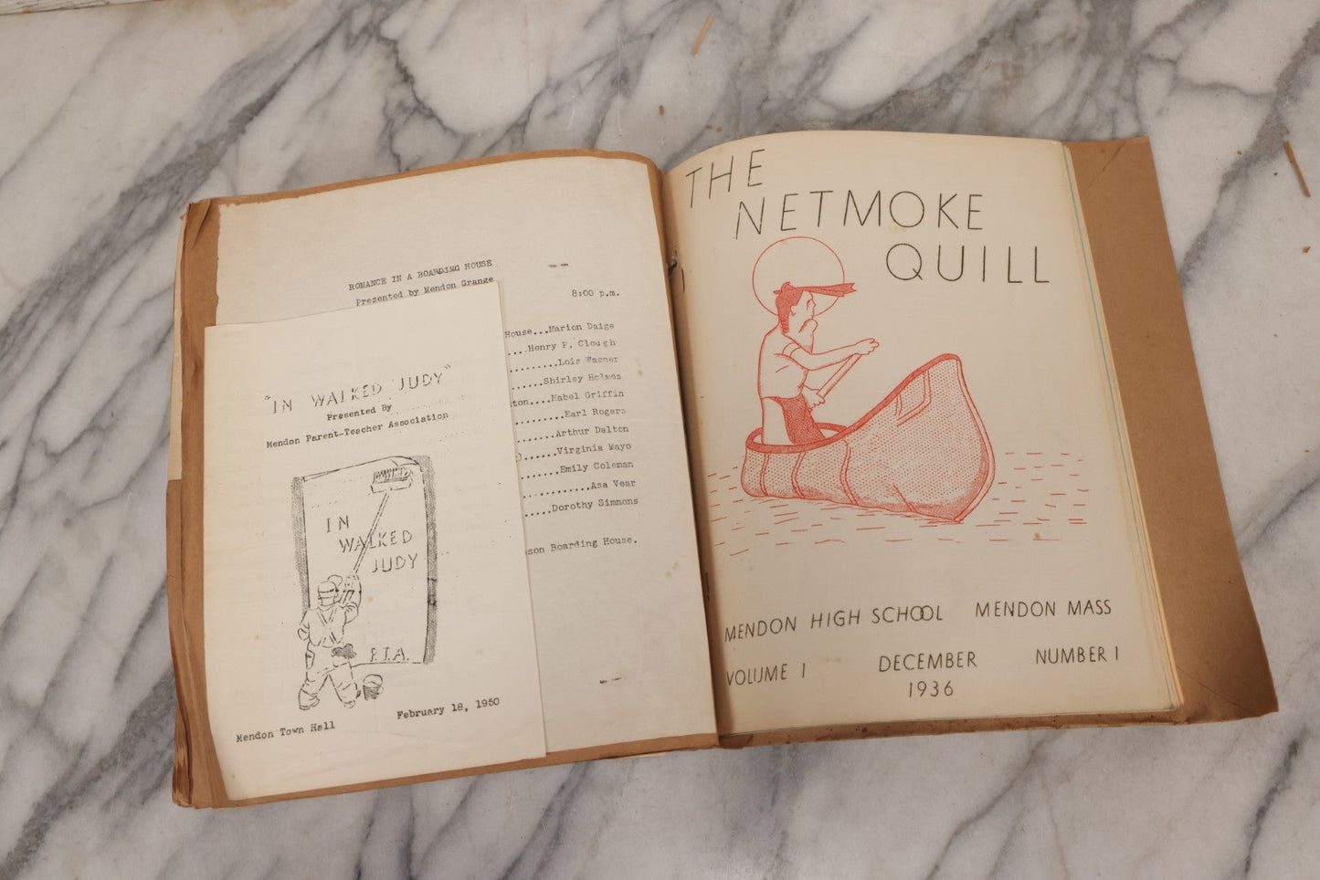 Lot 157 - Vintage “School Days” Scrapbook With Cut-Out Letter Cover, Containing Hundreds Of Pieces Of Massachusetts School Ephemera Including Halloween Invitations, Tickets, Notes, And More, Circa 1910–1940