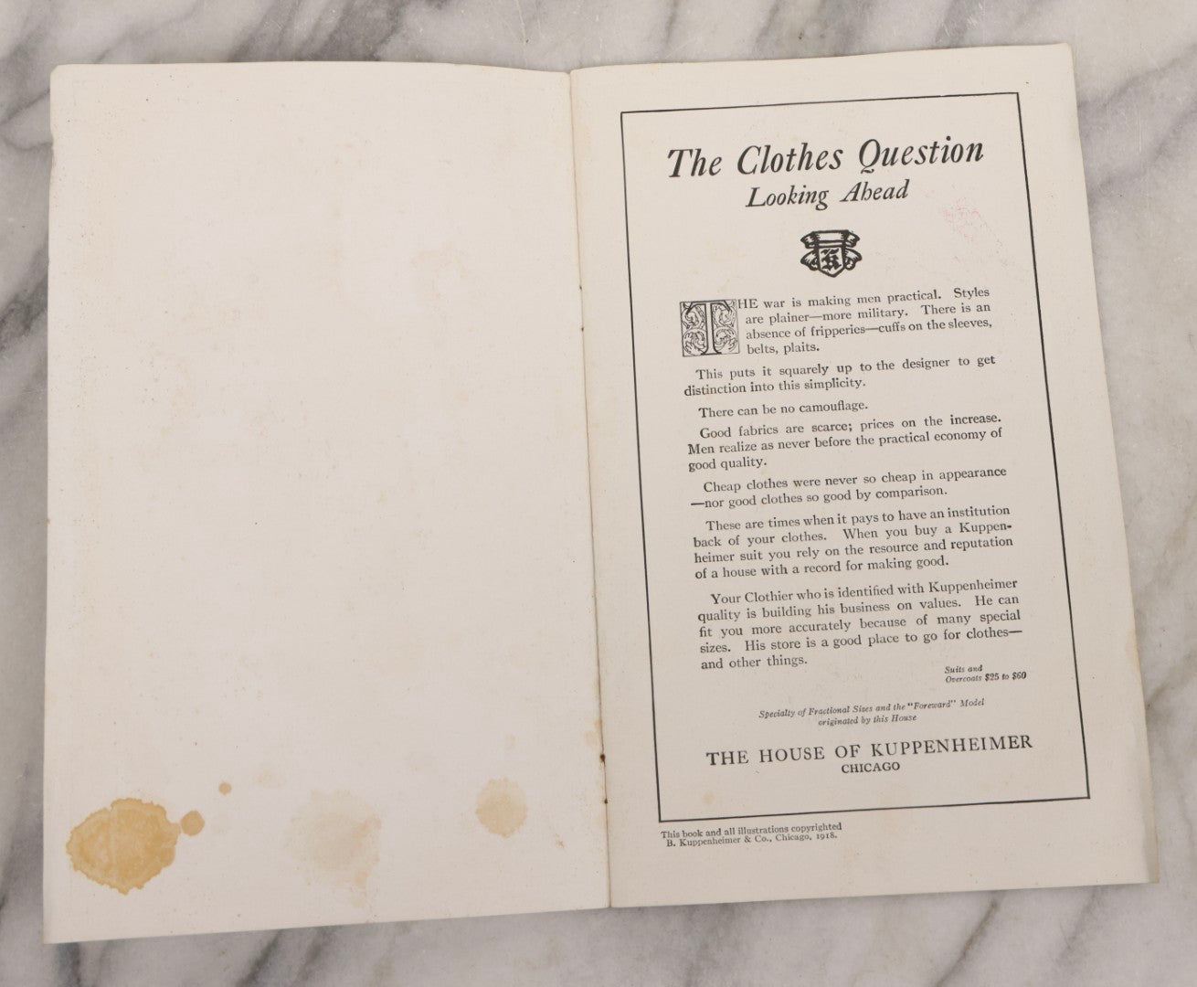 Lot 162 - Antique 1918 “The House Of Kuppenheimer” Men's Fashion Catalog Featuring Military-Inspired Styles, Smith Bros. Issue