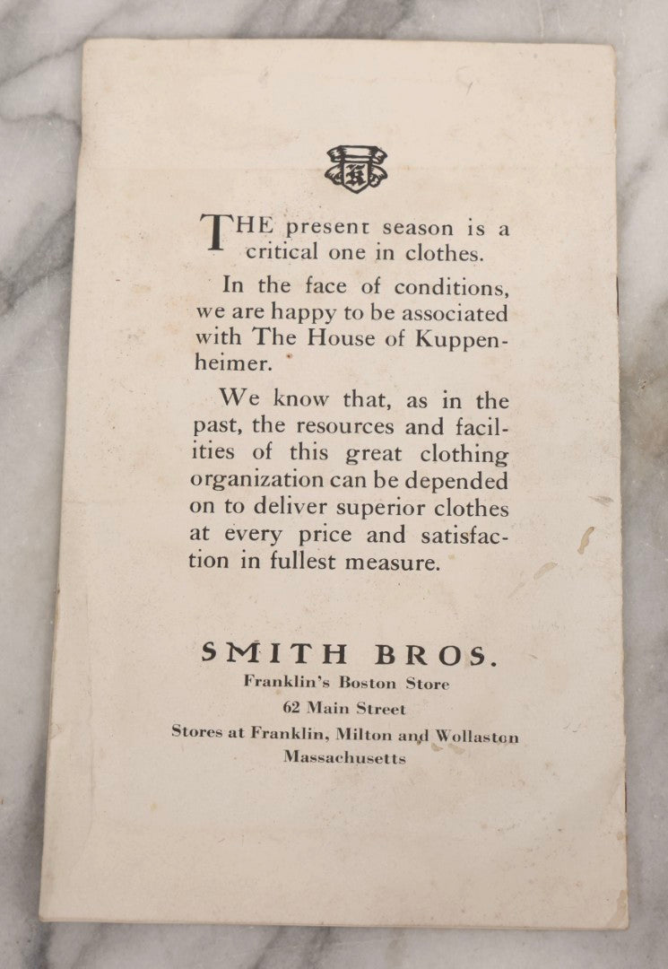 Lot 162 - Antique 1918 “The House Of Kuppenheimer” Men's Fashion Catalog Featuring Military-Inspired Styles, Smith Bros. Issue