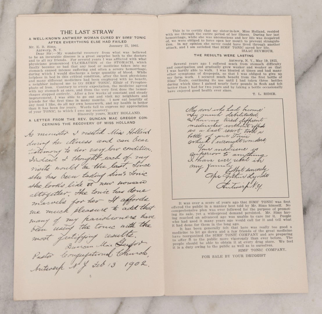Lot 167 - Grouping Of Six Antique Advertising Fold-Outs For Sims' Tonic “Elixir Of Pyrophosphate Of Iron,” Illustrated Patent Medicine Brochures, Circa 1900