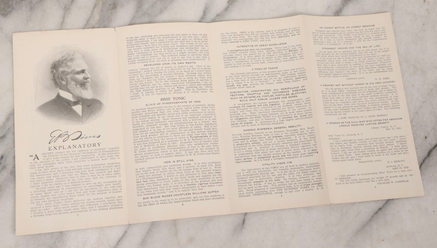 Lot 167 - Grouping Of Six Antique Advertising Fold-Outs For Sims' Tonic “Elixir Of Pyrophosphate Of Iron,” Illustrated Patent Medicine Brochures, Circa 1900