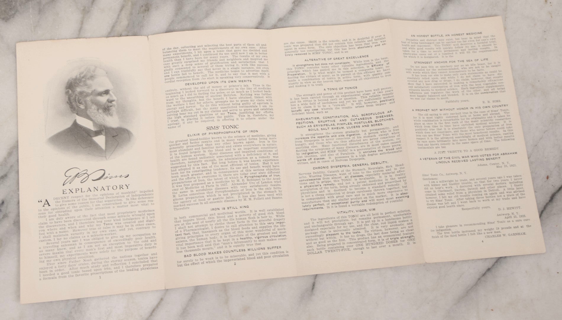 Lot 167 - Grouping Of Six Antique Advertising Fold-Outs For Sims' Tonic “Elixir Of Pyrophosphate Of Iron,” Illustrated Patent Medicine Brochures, Circa 1900