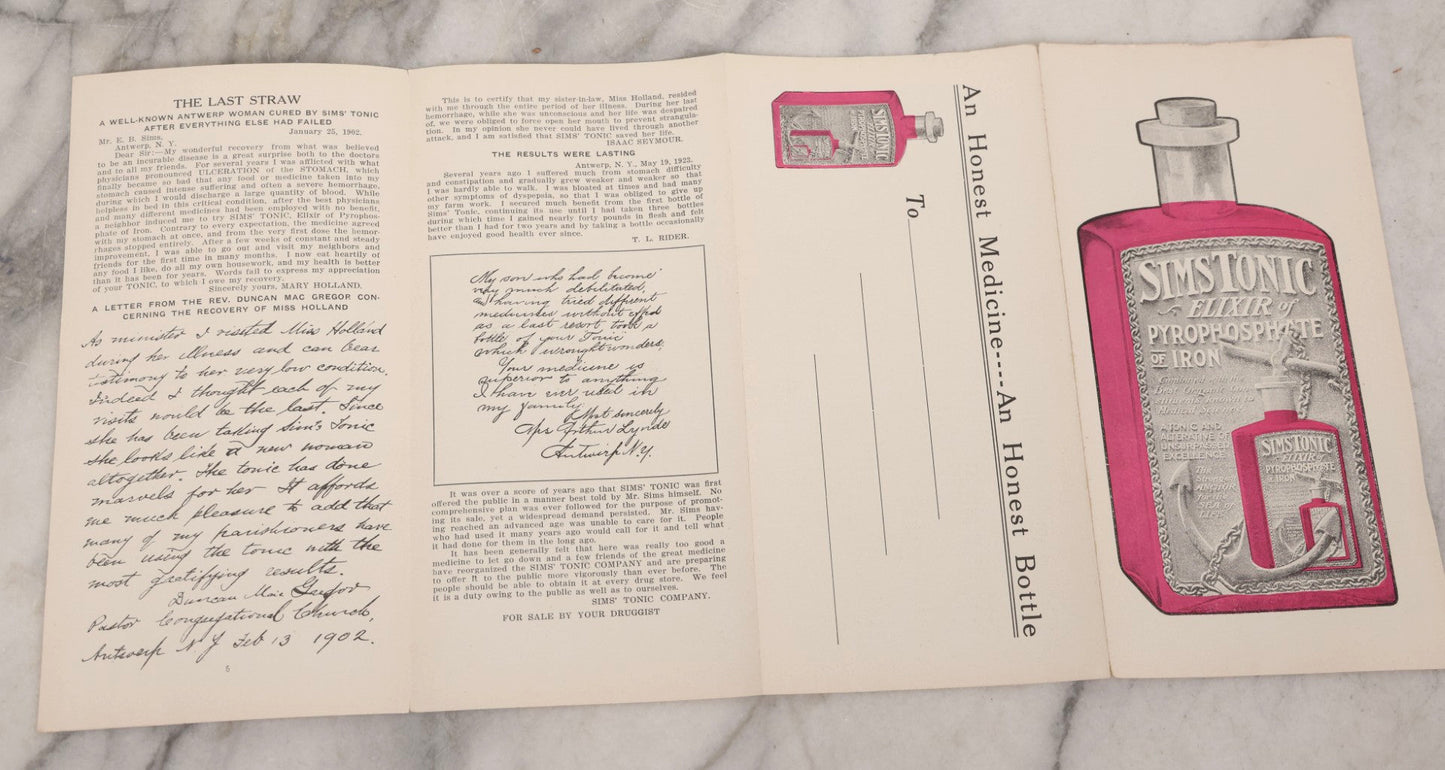 Lot 167 - Grouping Of Six Antique Advertising Fold-Outs For Sims' Tonic “Elixir Of Pyrophosphate Of Iron,” Illustrated Patent Medicine Brochures, Circa 1900