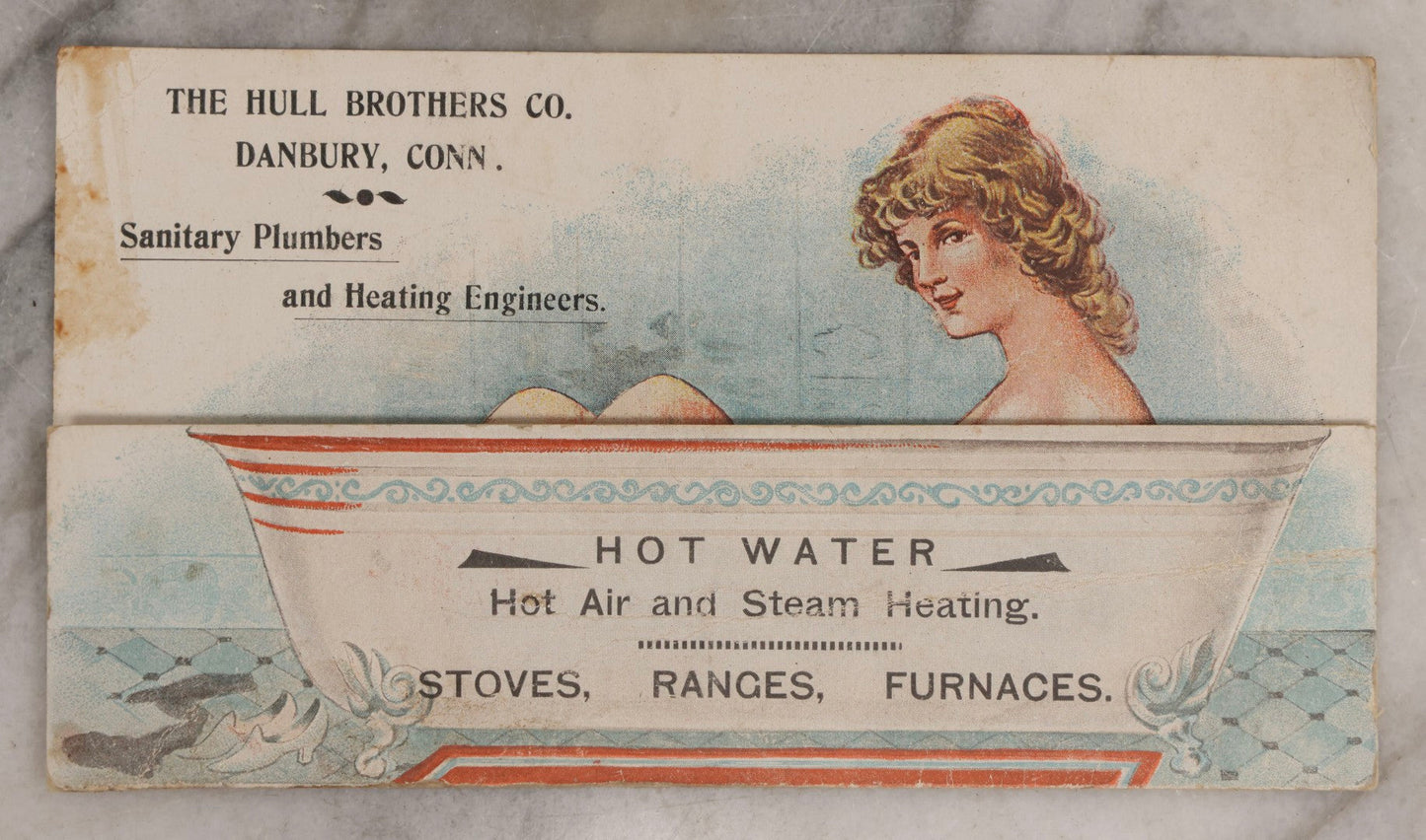 Lot 171 - Antique Trade Card For The Hull Brothers Co., Danbury, Connecticut, With Risqué Bathtub Scene And Tavern Interior, Fold-Out Moving Image Advertising Hot Water, Hot Air, And Steam Heating