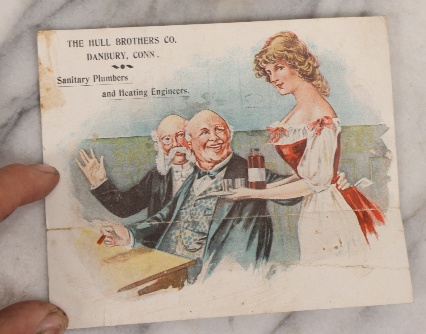 Lot 171 - Antique Trade Card For The Hull Brothers Co., Danbury, Connecticut, With Risqué Bathtub Scene And Tavern Interior, Fold-Out Moving Image Advertising Hot Water, Hot Air, And Steam Heating