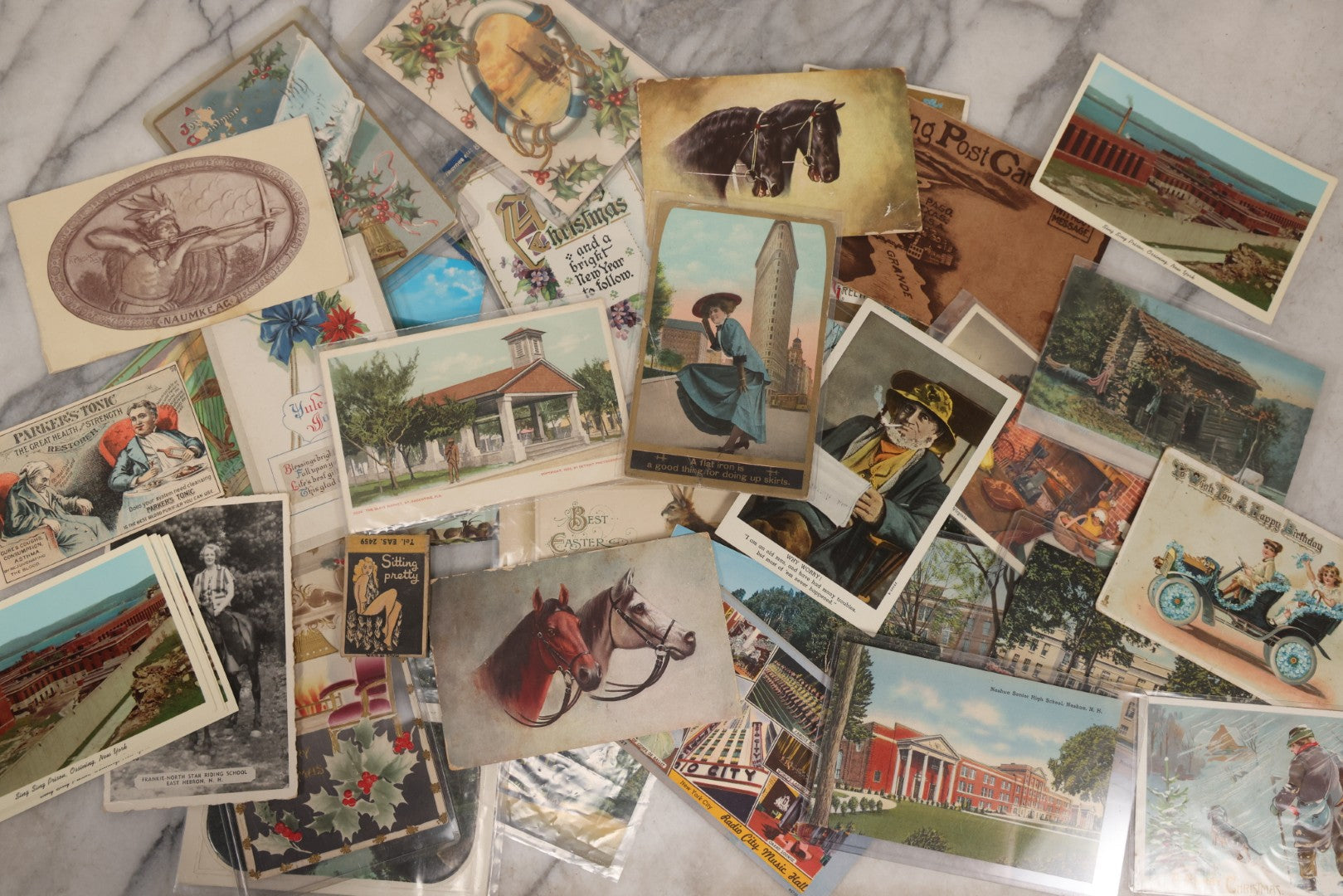Lot 172 - Grouping Of 20+ Antique And Vintage Postcards And Ephemera Including Holiday Postcards, Sing Sing Prison Cards, Naumkeag Steam Cotton Co. Pamphlet, Salem, Massachusetts Brochure, Trade Cards, And More