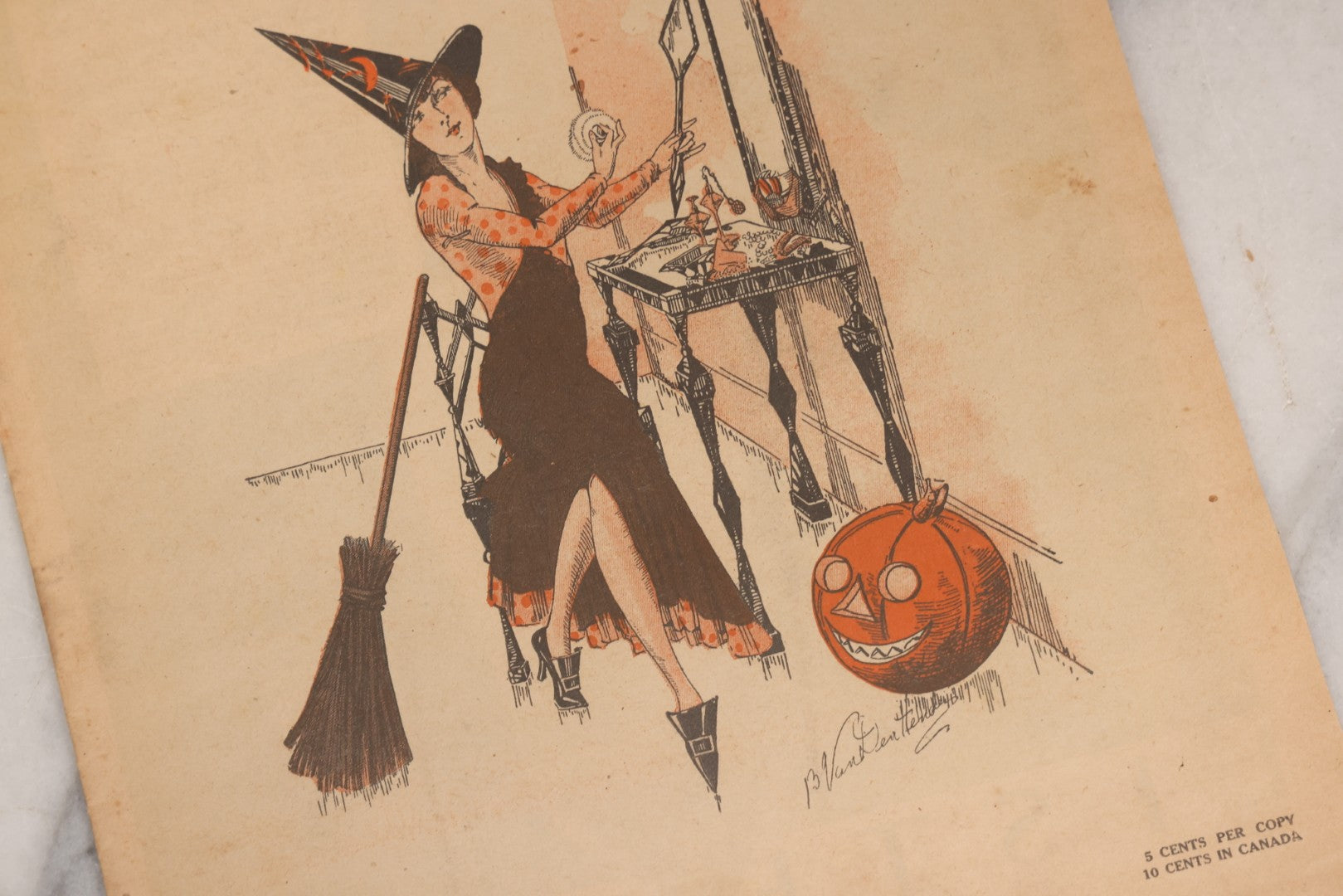 Lot 174 - Antique October 1928 Issue Of The Gentlewoman Magazine With Halloween Cover Of Woman Dressed As Witch Doing Her Makeup Beside A Jack-O-Lantern J.O.L., Copyrighted 1928 W. J. Thompson Company Inc., New York