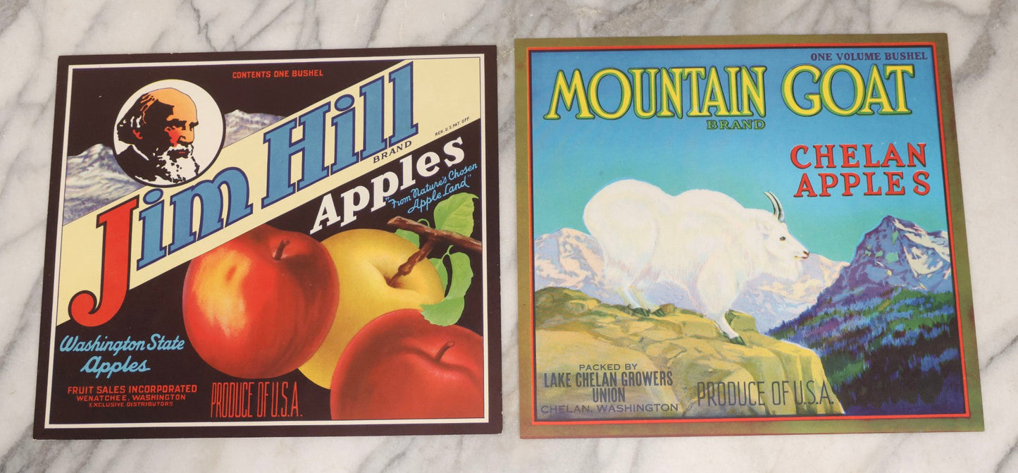 Lot 182 - Pair Of Vintage Apple Crate Labels, Mountain Goat Brand And Jim Hill Brand, Washington State
