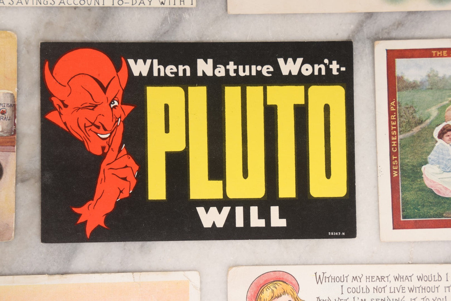 Lot 183 - Grouping Of Seven Vintage And Antique Advertising Postcards Including Sharples Separator, Crystal Domino Sugar, Buster Brown, "The Chicken Koop," Pluto Laxative With Devil Graphic, And German Beer, Publishers Including Tuck