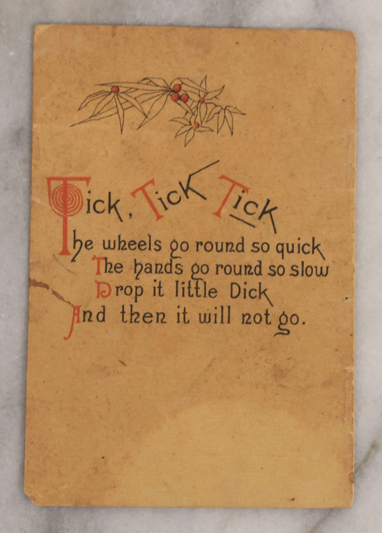Lot 185 - Antique “Tick Tick Tick And Other Rhymes” Advertising Card For “The Waterbury,” Sold By George Merritt, New York