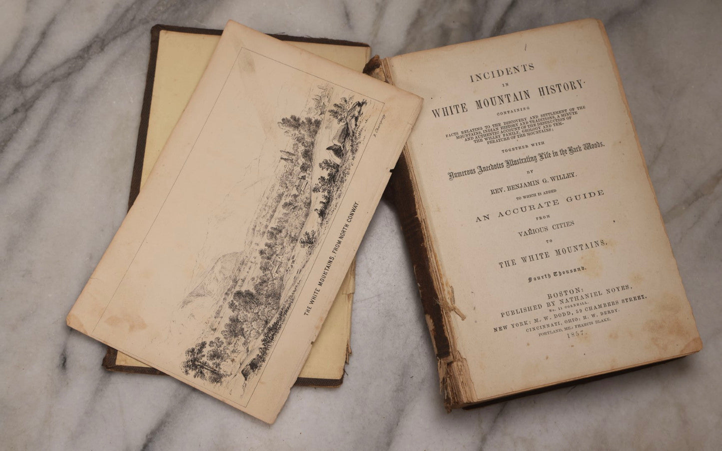Lot 187 - "Incidents In White Mountain History" Antique New Hampshire Regional History Book By Rev. Benjamin G. Willey, Published By Nathaniel Noyes, Boston, Massachusetts, 1857, Note Front Cover Detached, Poor Condition