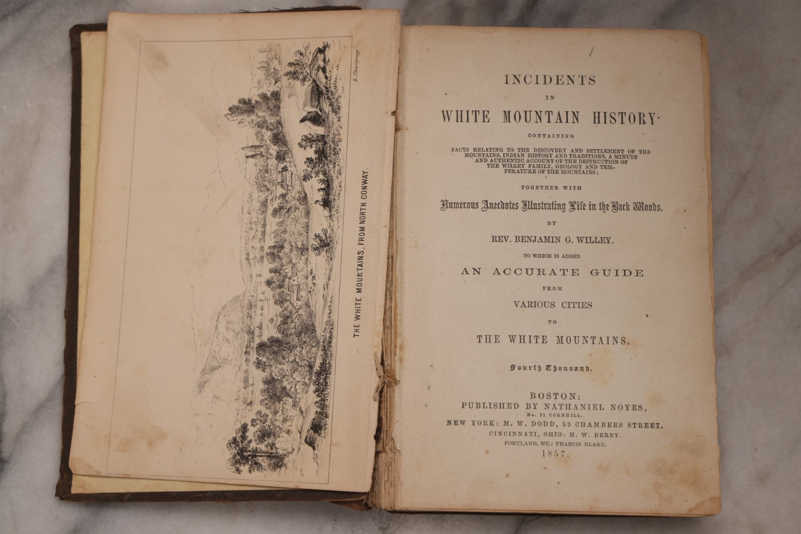 Lot 187 - "Incidents In White Mountain History" Antique New Hampshire Regional History Book By Rev. Benjamin G. Willey, Published By Nathaniel Noyes, Boston, Massachusetts, 1857, Note Front Cover Detached, Poor Condition
