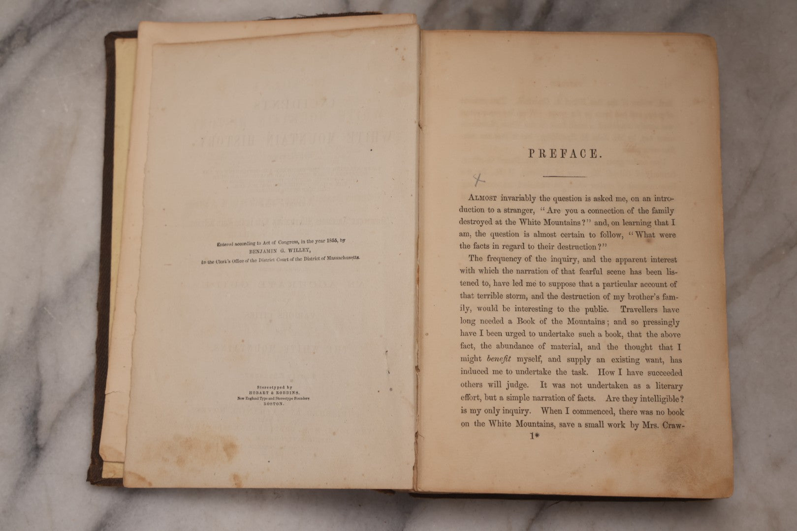 Lot 187 - "Incidents In White Mountain History" Antique New Hampshire Regional History Book By Rev. Benjamin G. Willey, Published By Nathaniel Noyes, Boston, Massachusetts, 1857, Note Front Cover Detached, Poor Condition