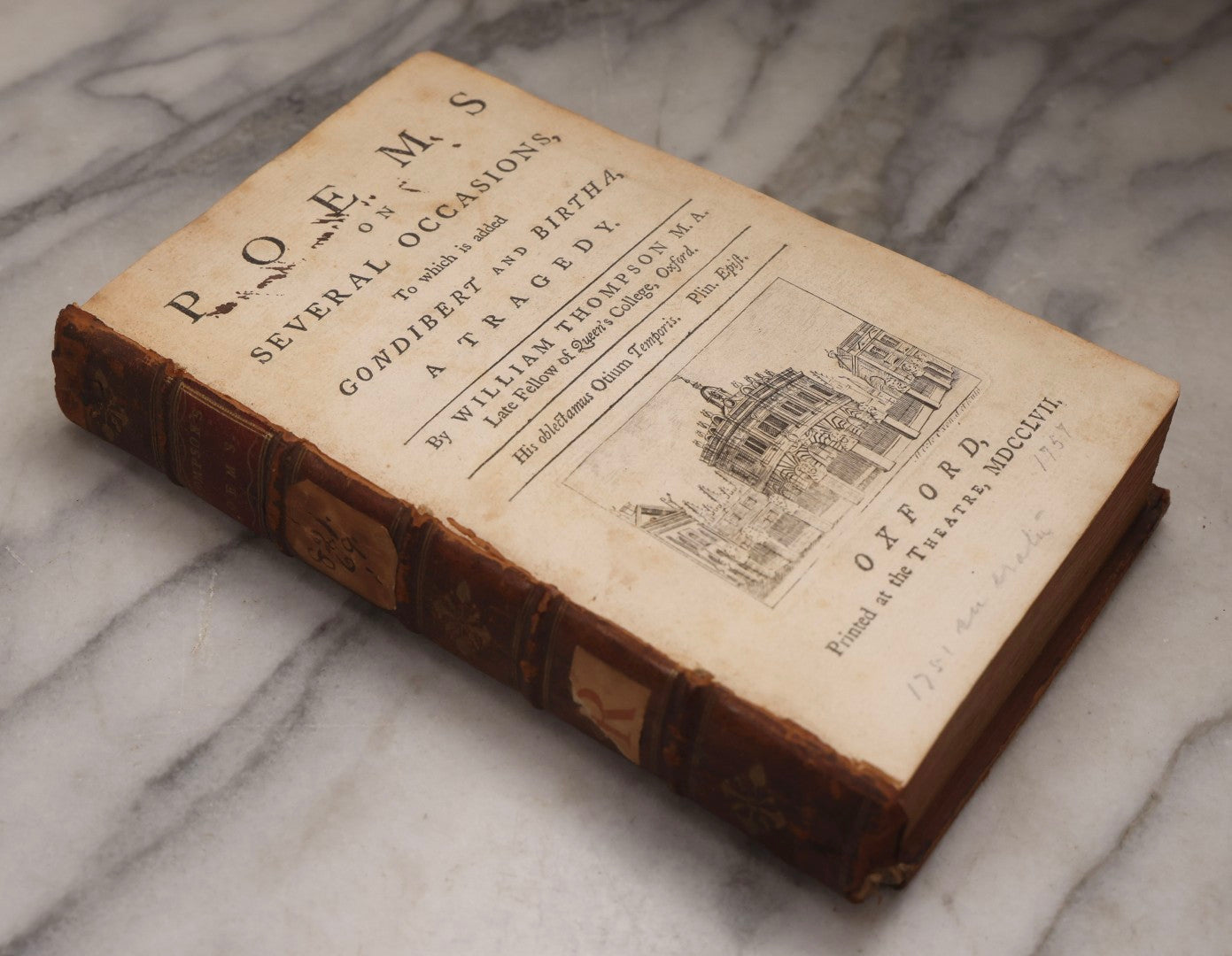 Lot 190 - “Thompson's Poems” Antique Poetry Book By William Thompson, Printed At Oxford At The Theatre, 1757, With Engraved Designs After Poems, Note Missing Cover