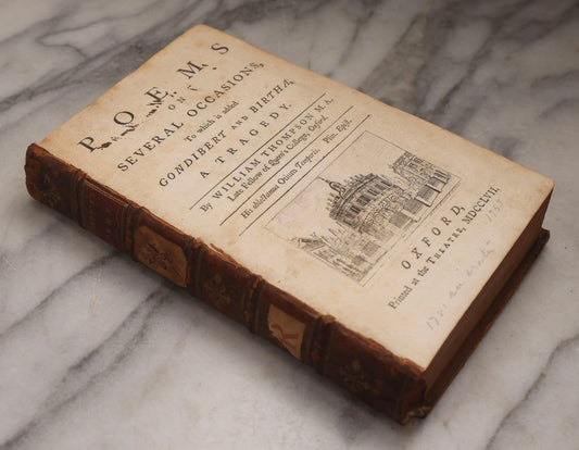 Lot 190 - “Thompson's Poems” Antique Poetry Book By William Thompson, Printed At Oxford At The Theatre, 1757, With Engraved Designs After Poems, Note Missing Cover