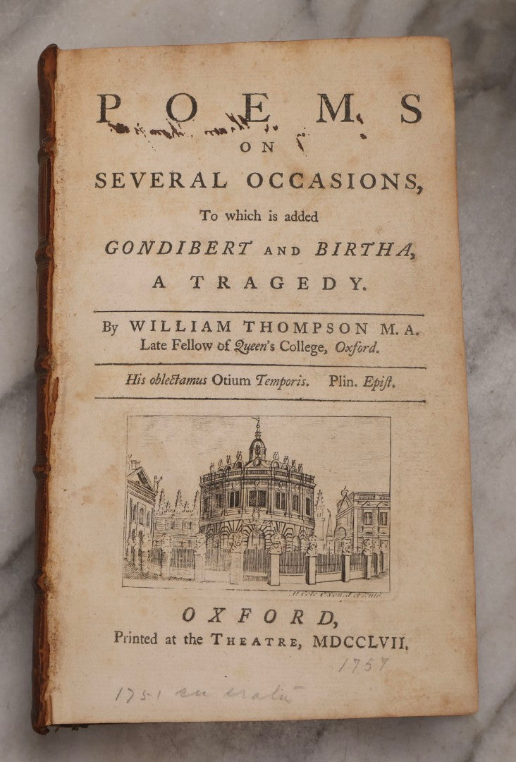 Lot 190 - “Thompson's Poems” Antique Poetry Book By William Thompson, Printed At Oxford At The Theatre, 1757, With Engraved Designs After Poems, Note Missing Cover