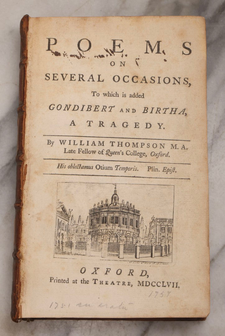 Lot 190 - “Thompson's Poems” Antique Poetry Book By William Thompson, Printed At Oxford At The Theatre, 1757, With Engraved Designs After Poems, Note Missing Cover
