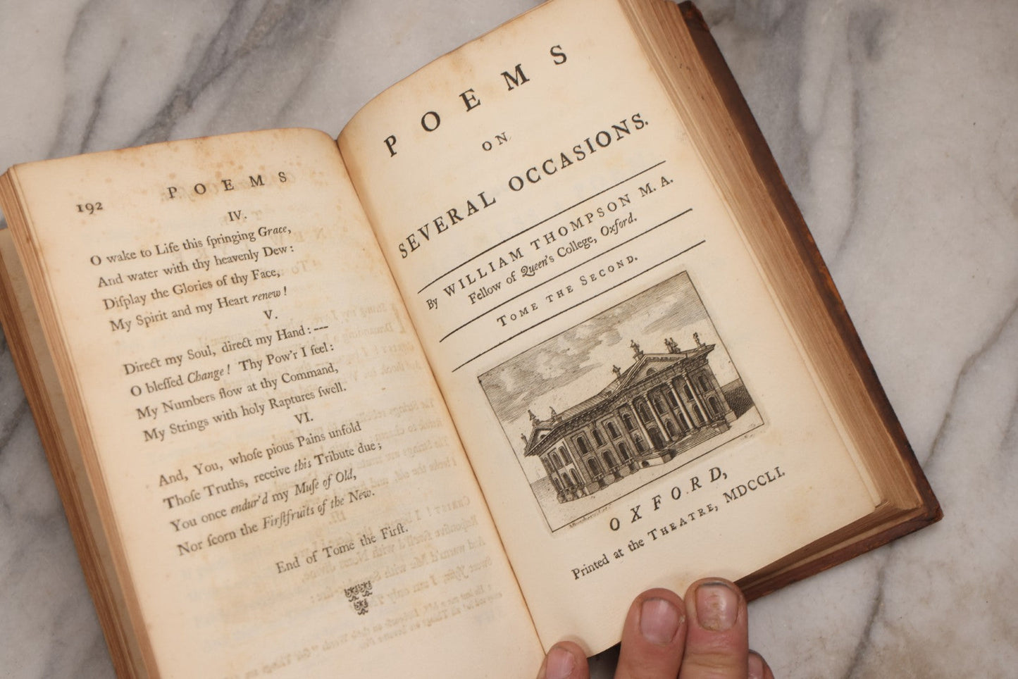 Lot 190 - “Thompson's Poems” Antique Poetry Book By William Thompson, Printed At Oxford At The Theatre, 1757, With Engraved Designs After Poems, Note Missing Cover