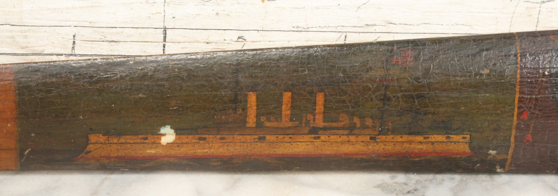 Lot 002 - Antique Painted Swordfish Bill Sword With Carved Wooden Handle, Featuring U.S. Naval Warship And Patriotic Shield Motifs, Late 19th–Early 20th Century, 39-3/8" L