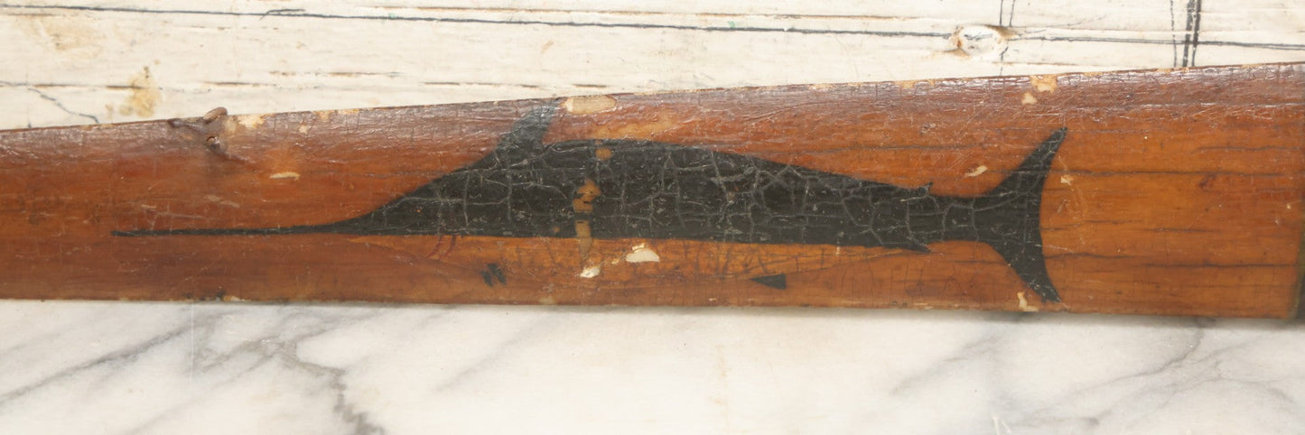 Lot 002 - Antique Painted Swordfish Bill Sword With Carved Wooden Handle, Featuring U.S. Naval Warship And Patriotic Shield Motifs, Late 19th–Early 20th Century, 39-3/8" L