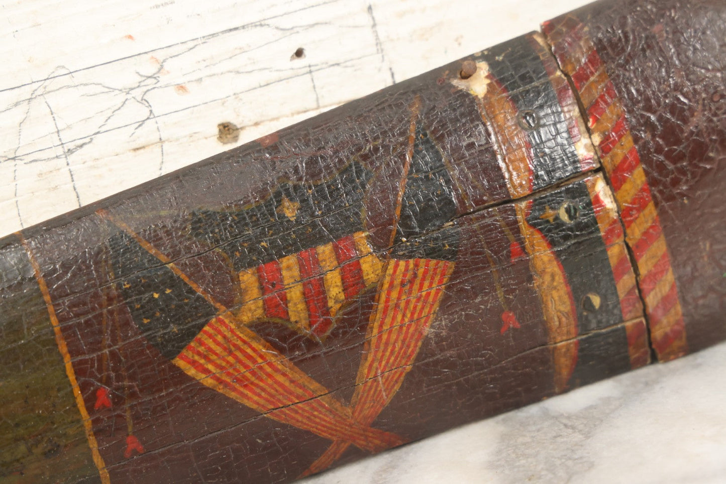 Lot 002 - Antique Painted Swordfish Bill Sword With Carved Wooden Handle, Featuring U.S. Naval Warship And Patriotic Shield Motifs, Late 19th–Early 20th Century, 39-3/8" L