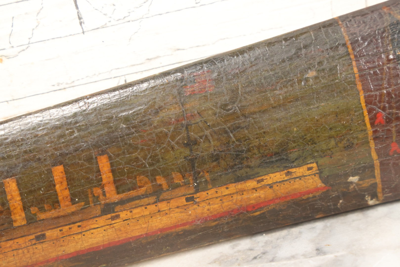 Lot 002 - Antique Painted Swordfish Bill Sword With Carved Wooden Handle, Featuring U.S. Naval Warship And Patriotic Shield Motifs, Late 19th–Early 20th Century, 39-3/8" L